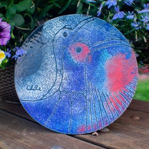 Enamel on Copper Plate Chile Birds Mid Century Metal Dish Vintage Wall Decor